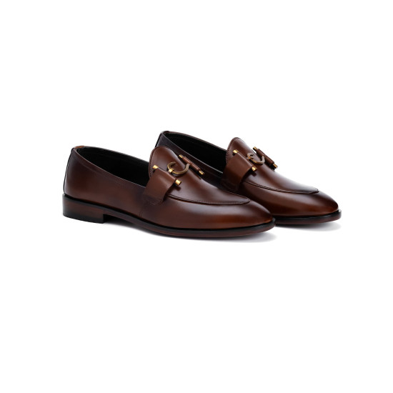 Men’s Brown Leather Loafers – Classic Slip-On Dress Shoes with Metal Bit